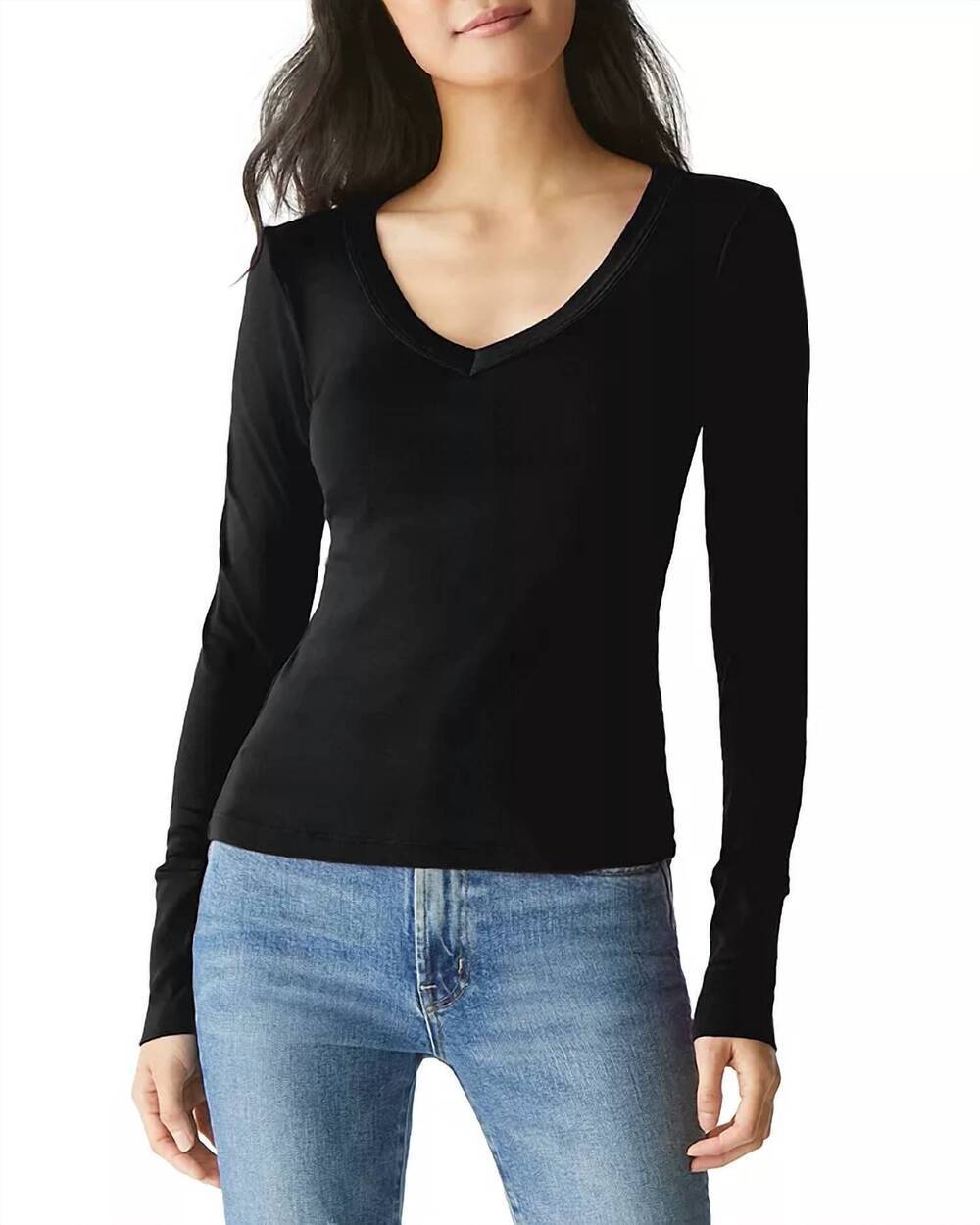 NEW MICHAEL STARS logan long sleeve v-neck tee in black